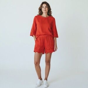 LOFT Red Eyelet Linen Blend 2 Piece Set Top and Shorts Scalloped Hem Size XS